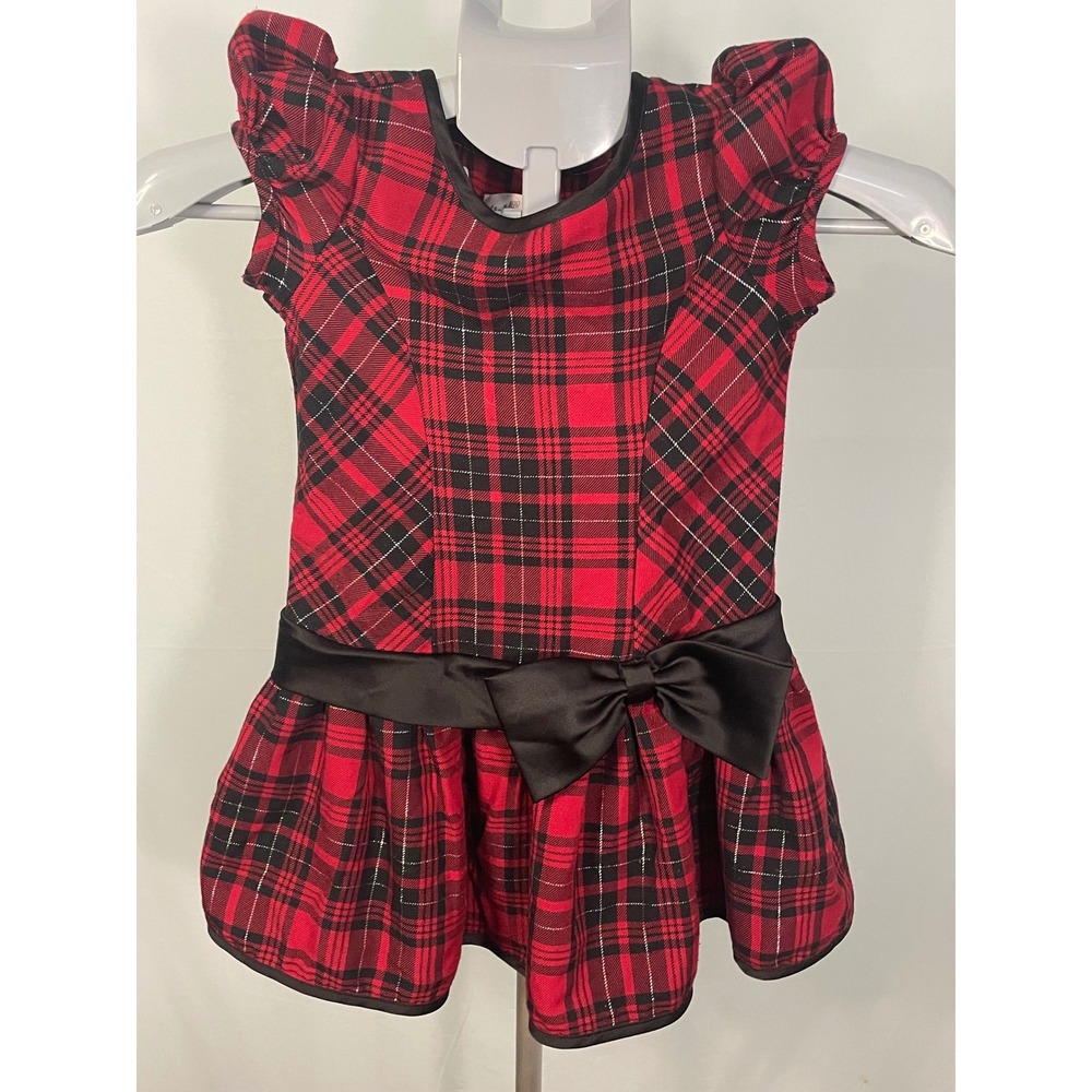 Ashley Ann Girls Red Plaid Dress Sparkle Bow Ruffle‎ Sleeve Size 4 Holiday Party